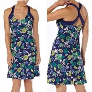 Patagonia Morning Glory Blue Floral Twist Back Dress Size M Built In Bra Stretch